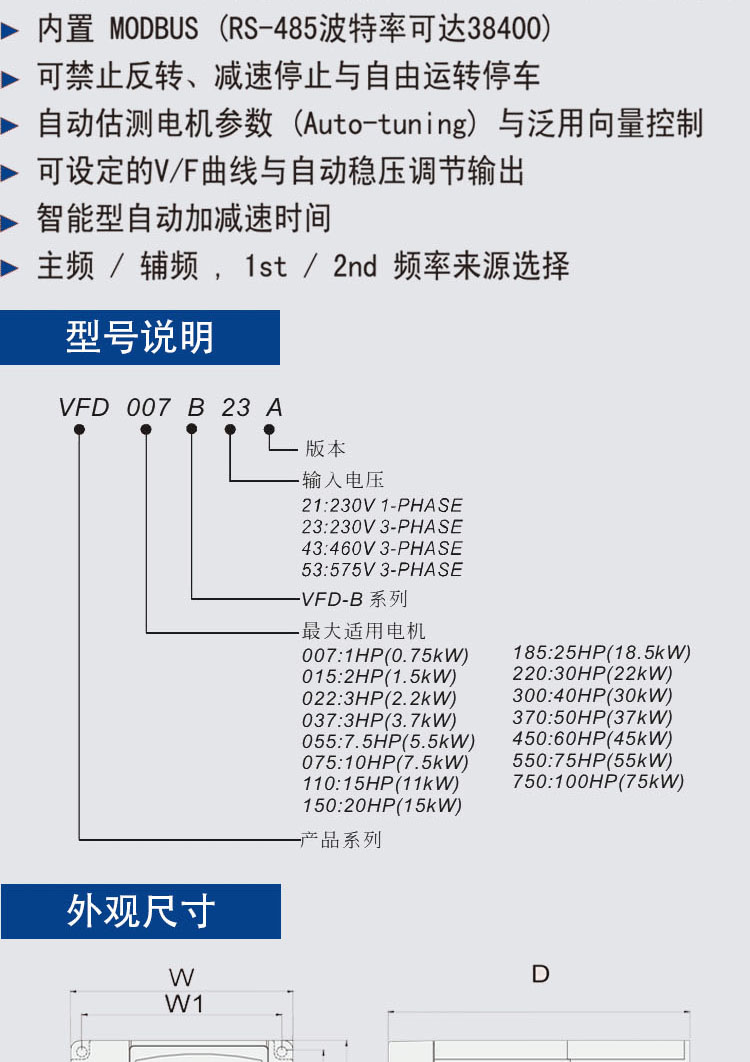 台达重载矢量变频器VFD-B系列VFD022B43B 2.2kW/460V