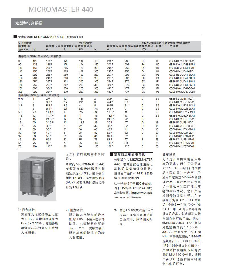 SIEMENS/西门子 MM440系列通用型矢量控制变频器 6SE6440-2UE31-1CA1 功率11kW