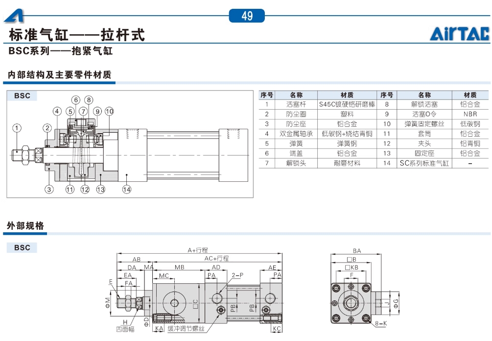 亚德客气动小型标准气缸SC32X75S