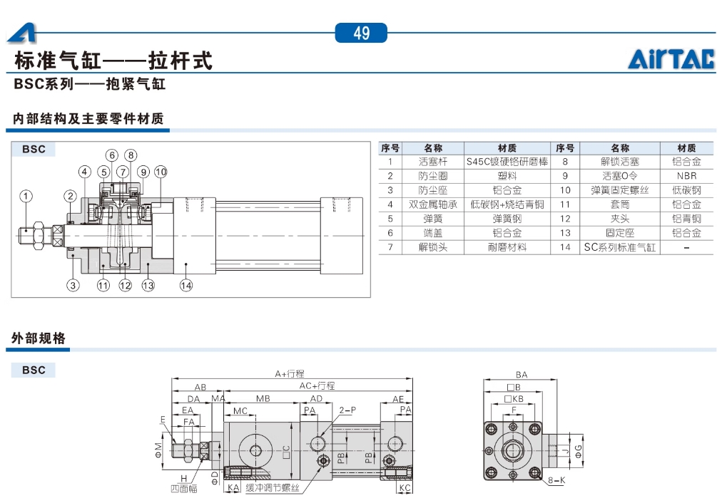 亚德客气动小型标准气缸SC125X400S