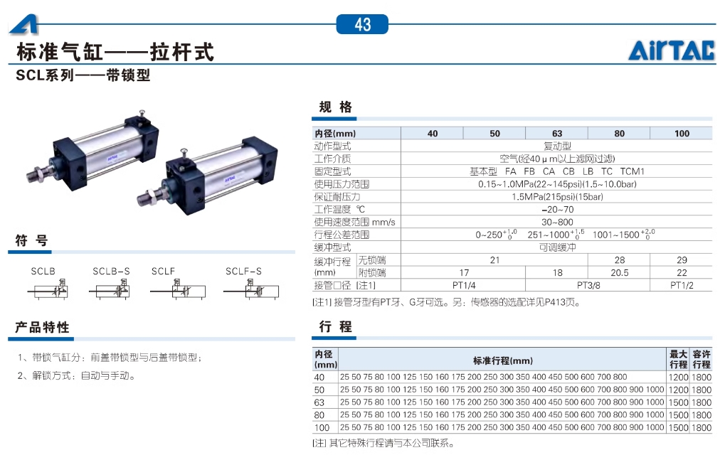 亚德客气动小型标准气缸SC160X250S